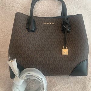 Michael Kors Brown Monogram Tote with Black Trim and Gold Accent